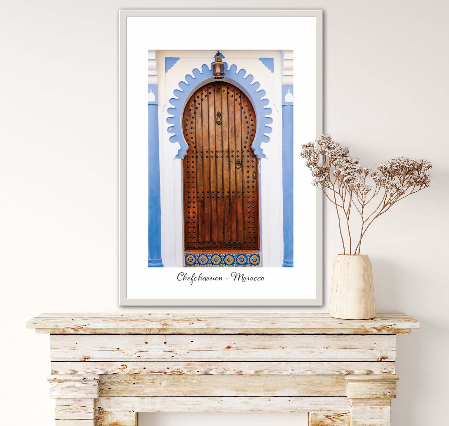 Morocco Chefchaouen Door 28 with city and country text, Travel Print, Art Print, Travel Poster, Home Décor