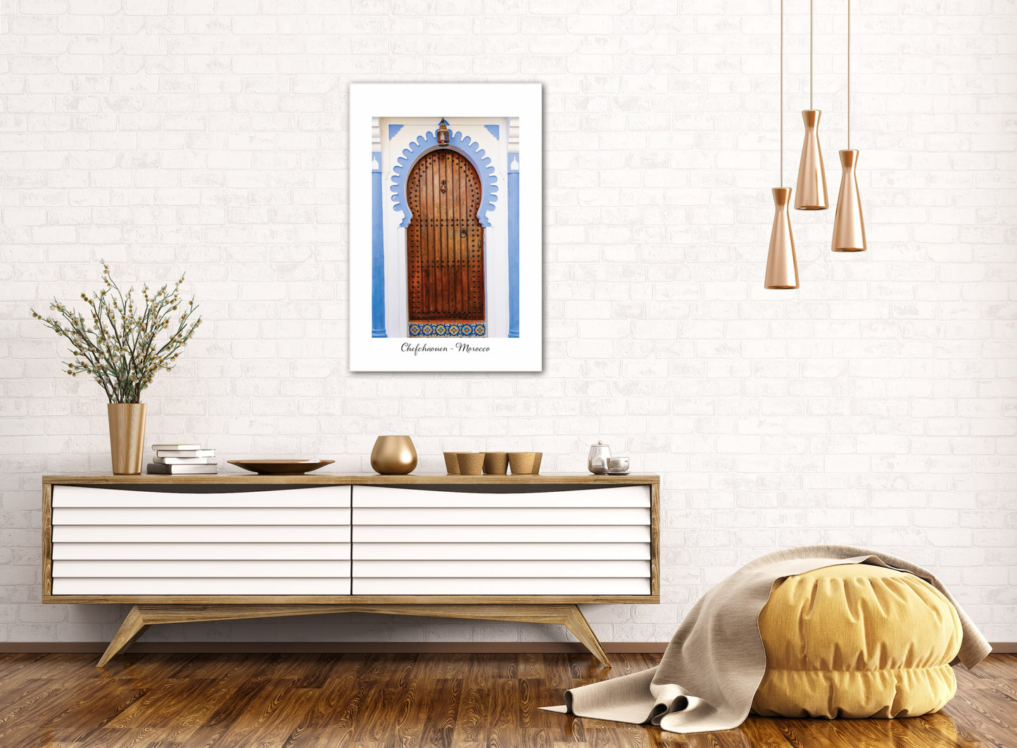 Morocco Chefchaouen Door 28 with city and country text, Travel Print, Art Print, Travel Poster, Home Décor