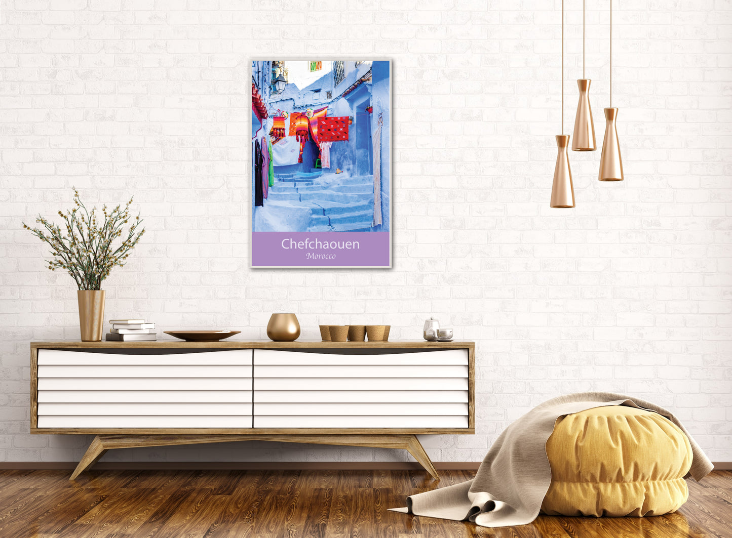 Morocco Chefchaouen Street, Lila Banner with city and country text, Travel Print, Art Print, Travel Poster, Home Décor