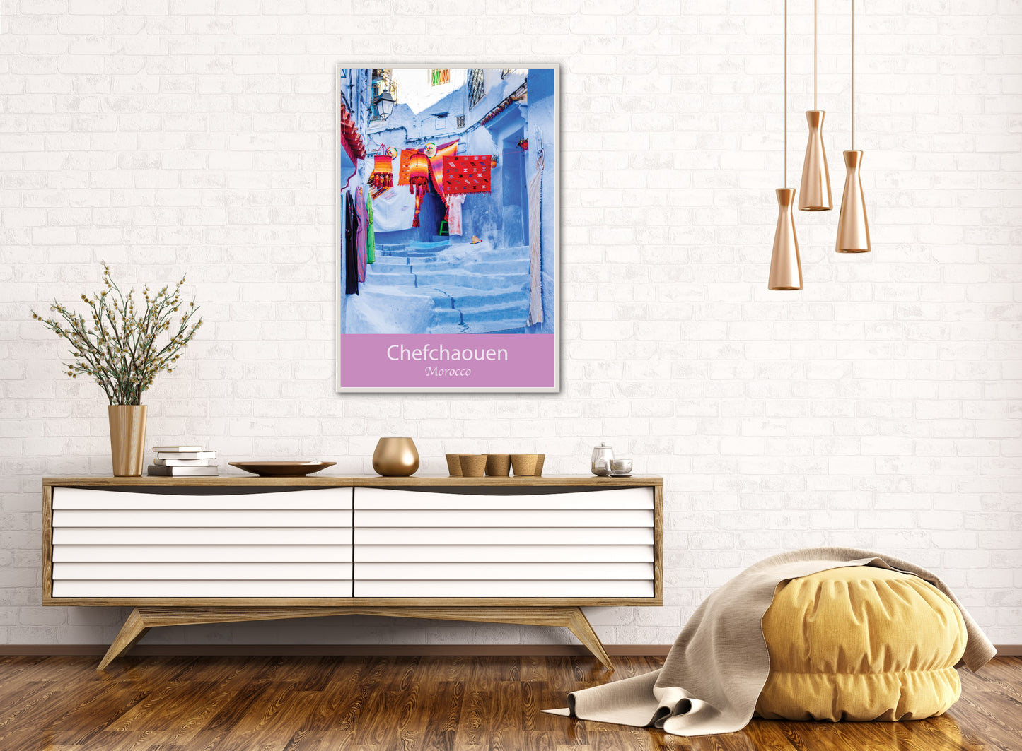 Morocco Chefchaouen Street, Pink Banner With location, Travel Print, Art Print, Travel Poster, Home Décor