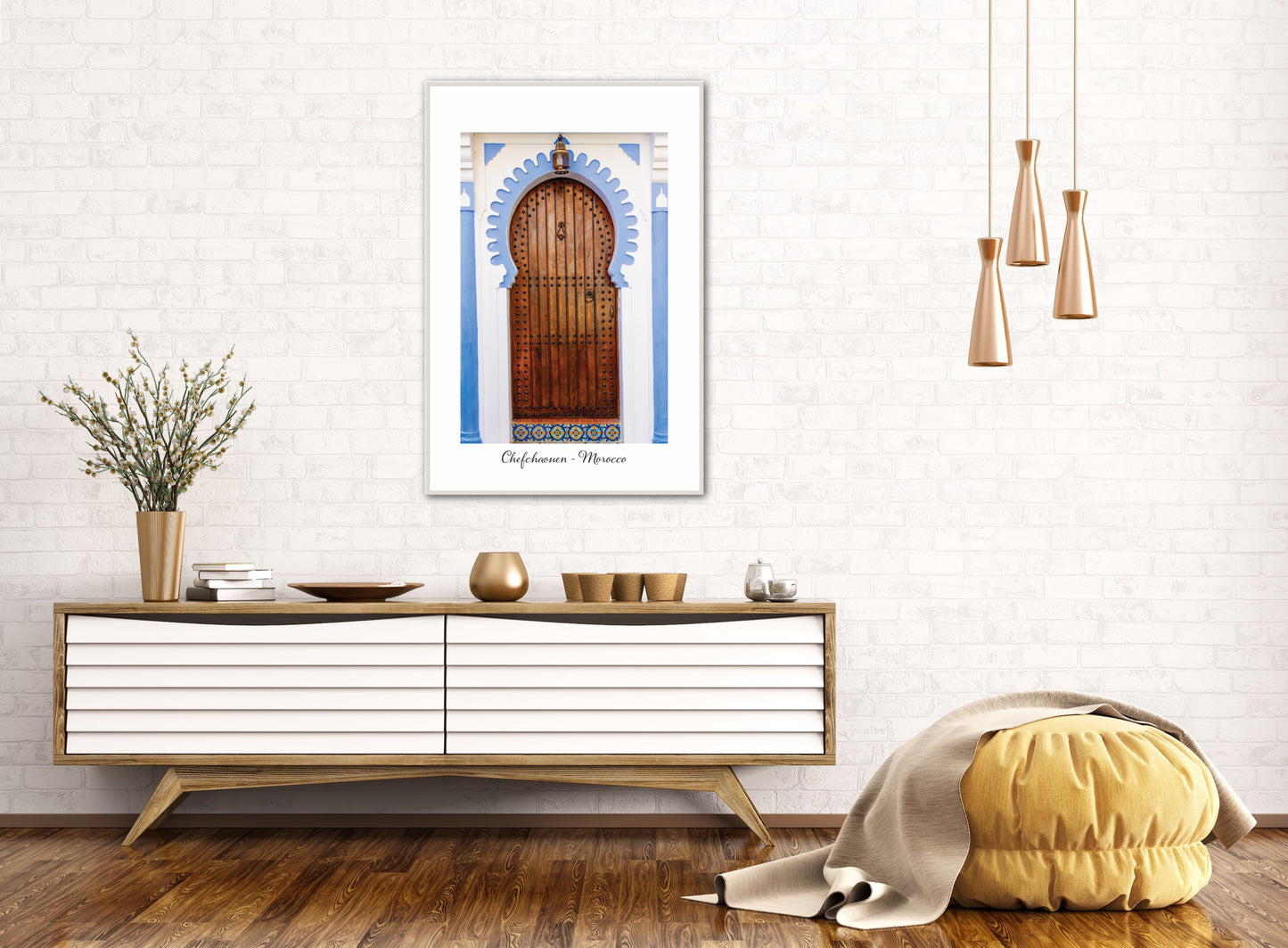 Morocco Chefchaouen Door 28 with city and country text, Travel Print, Art Print, Travel Poster, Home Décor