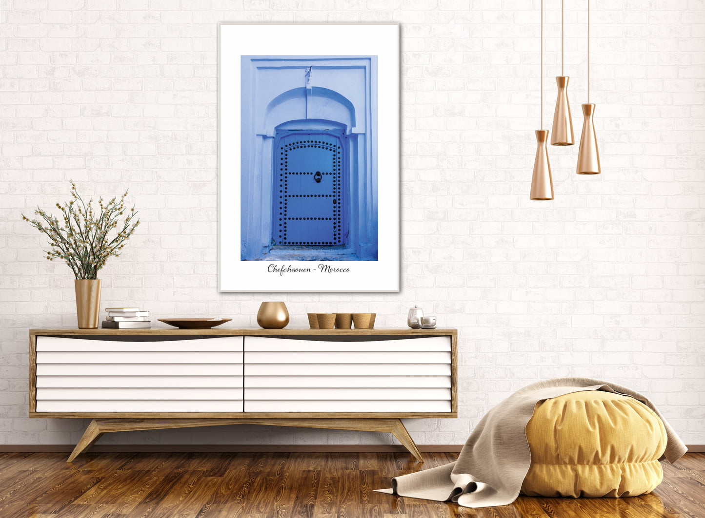Morocco Chefchaouen Door 21 with city and country text, Travel Print, Art Print, Travel Poster, Home Décor