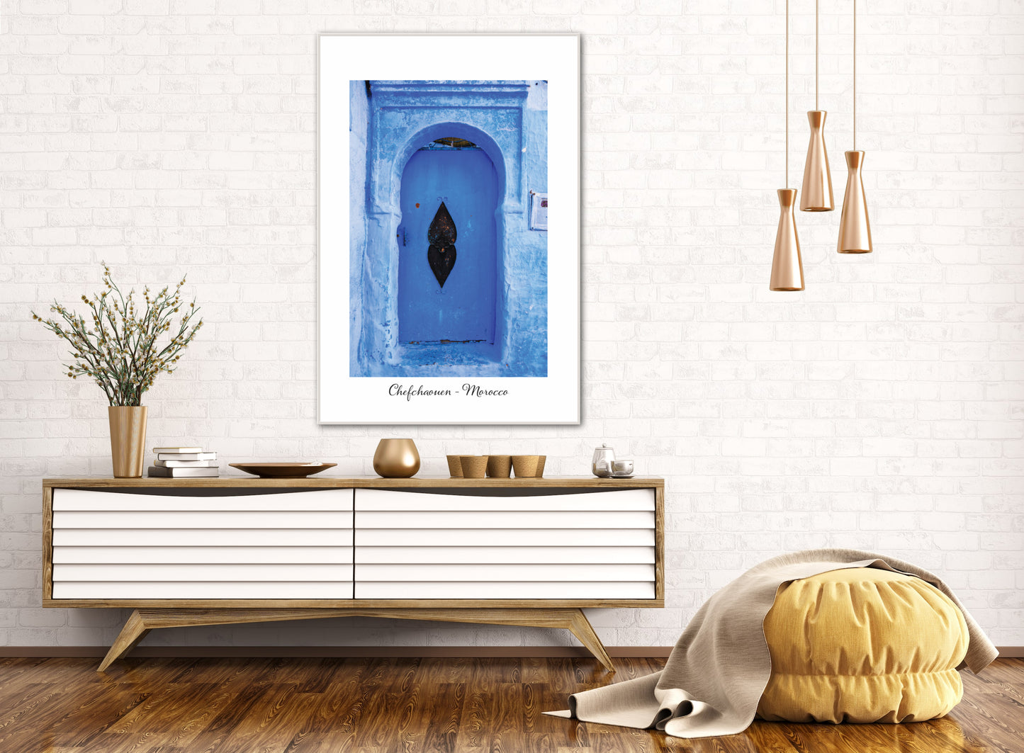 Morocco Chefchaouen Door 19 with city and country text, Travel Print, Art Print, Travel Poster, Home Décor