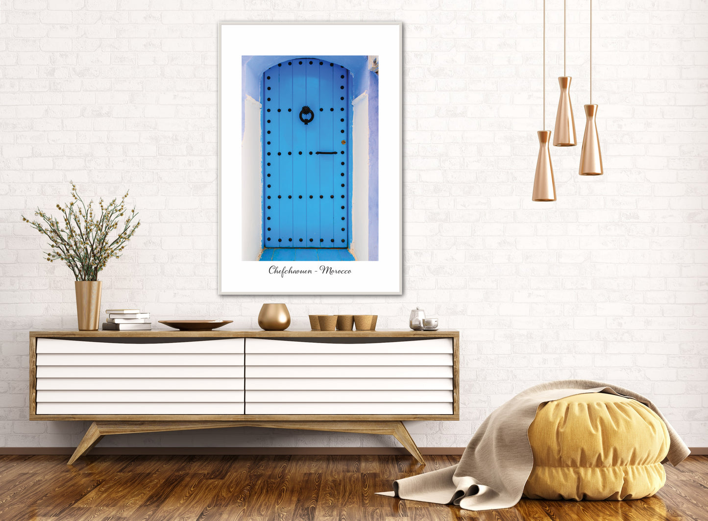 Morocco Chefchaouen Door 14 with city and country text, Travel Print, Art Print, Travel Poster, Home Décor