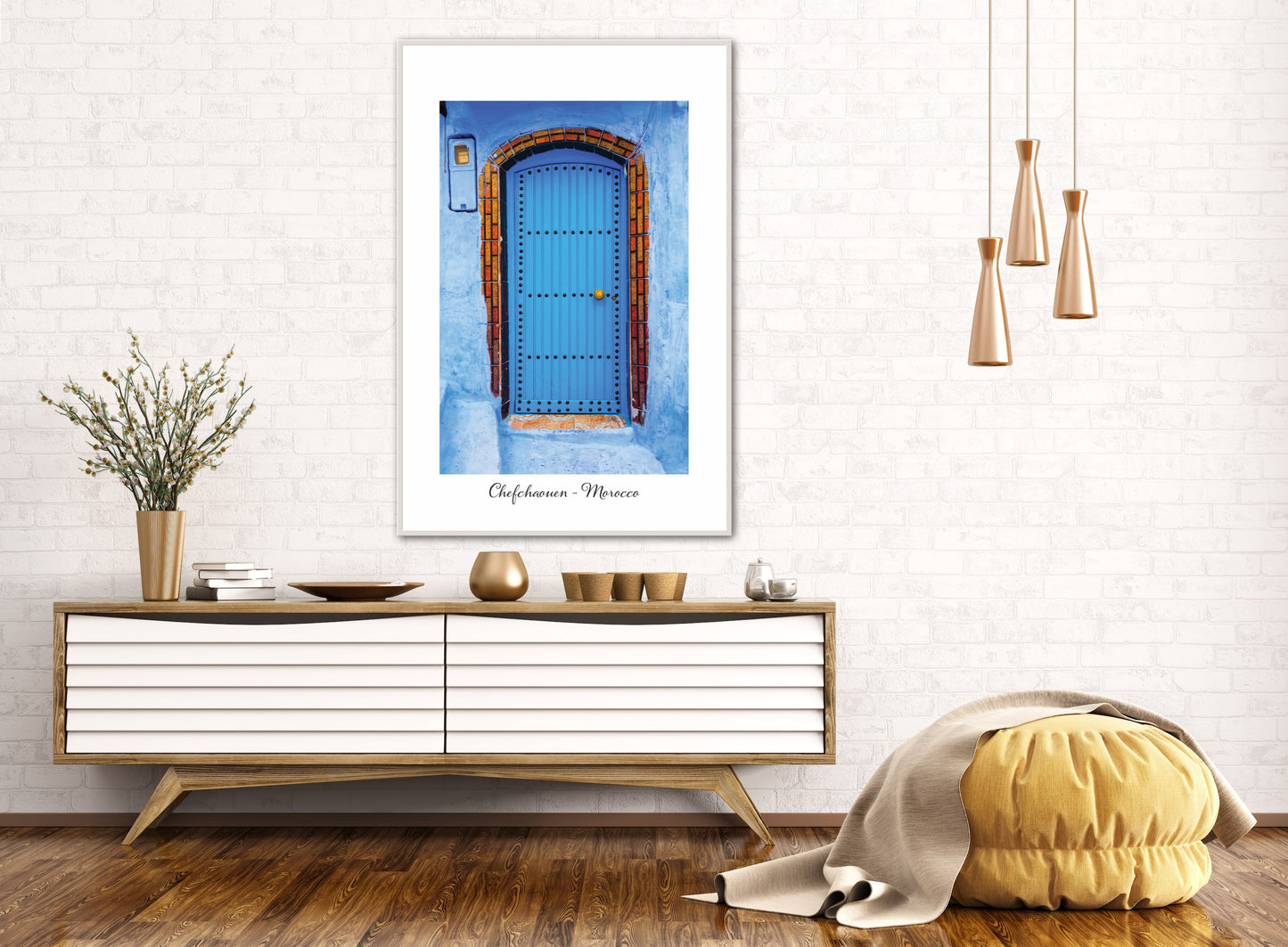 Morocco Chefchaouen Door 9 with city and country text, Travel Print, Art Print, Travel Poster, Home Décor