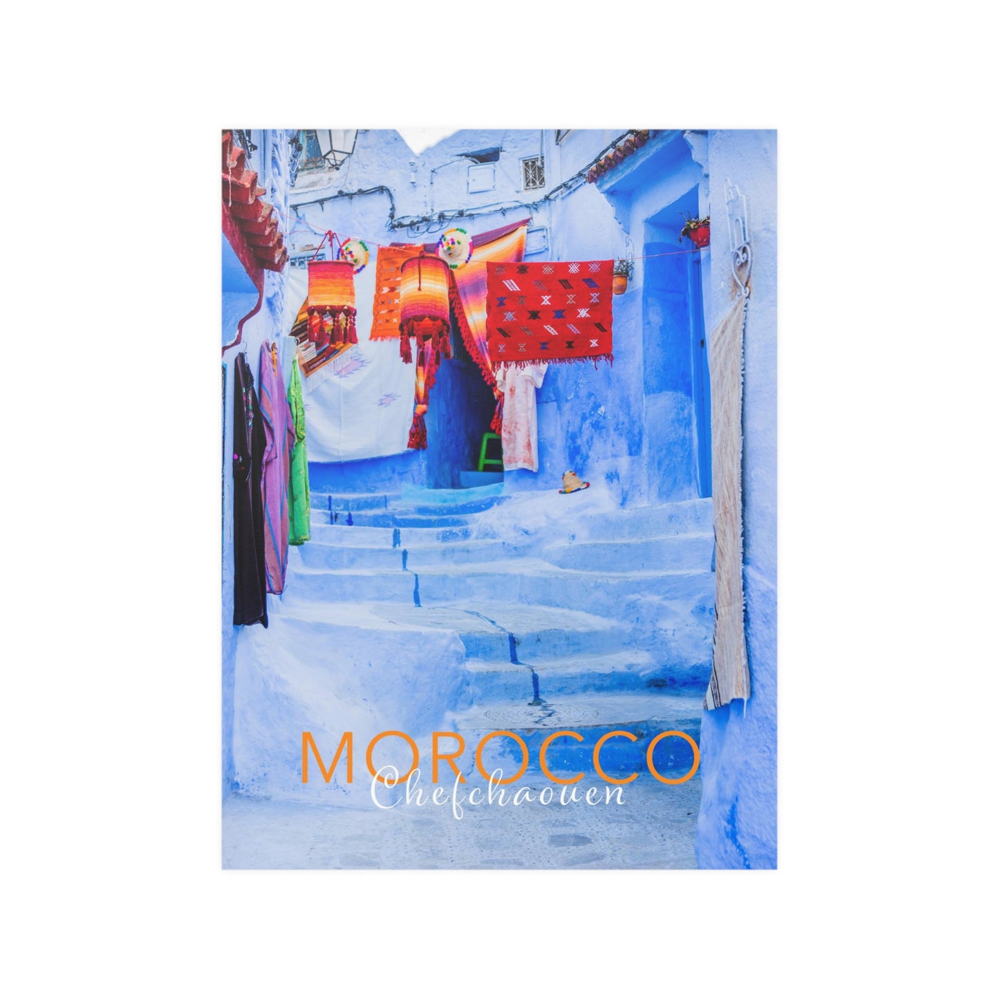 Morocco Chefchaouen Street, with country and city text. Travel Print, Art Print, Travel Poster, Home Décor