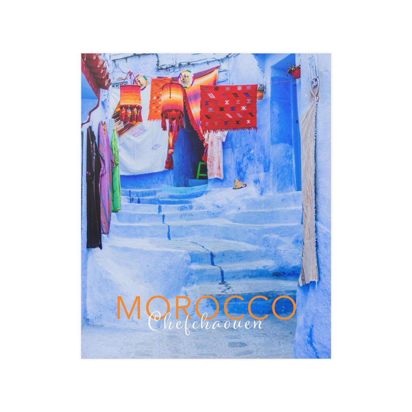 Morocco Chefchaouen Street, with country and city text. Travel Print, Art Print, Travel Poster, Home Décor