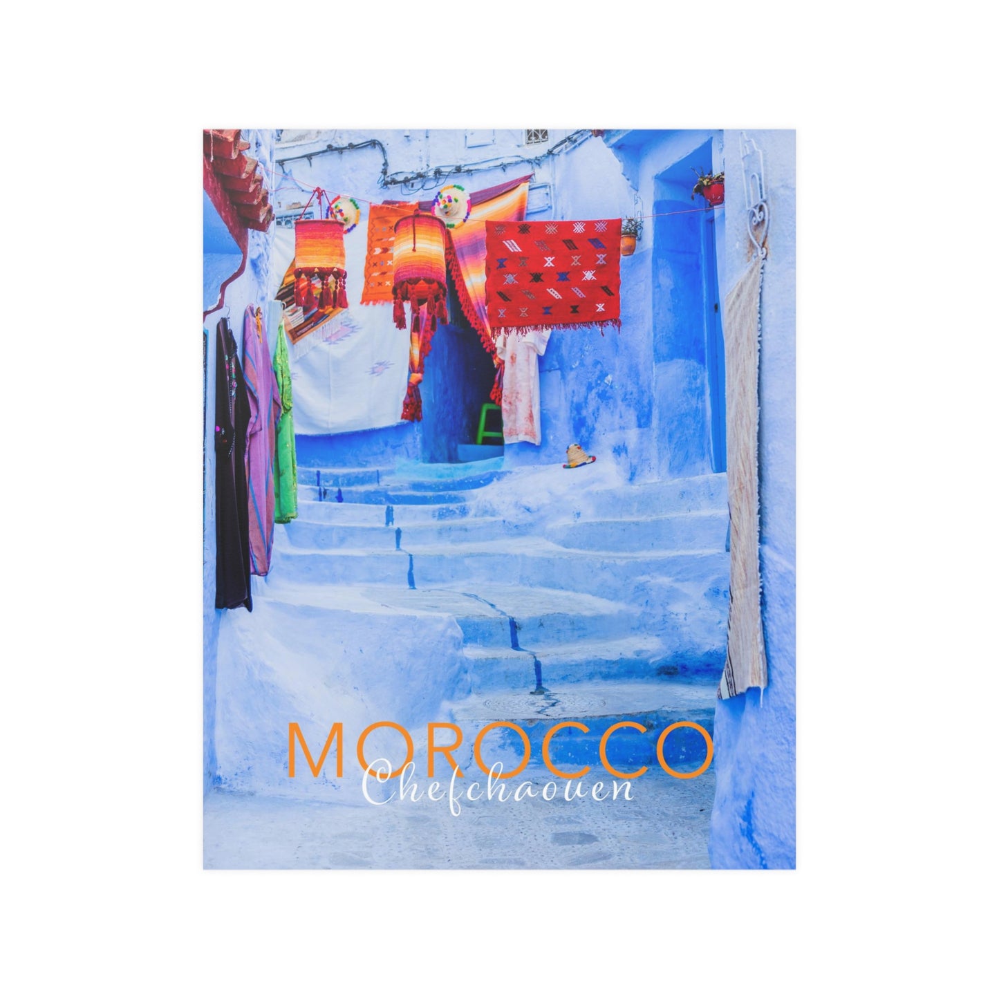 Morocco Chefchaouen Street, with country and city text. Travel Print, Art Print, Travel Poster, Home Décor