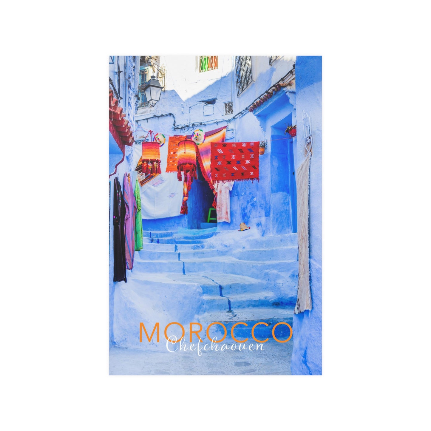 Morocco Chefchaouen Street, with country and city text. Travel Print, Art Print, Travel Poster, Home Décor