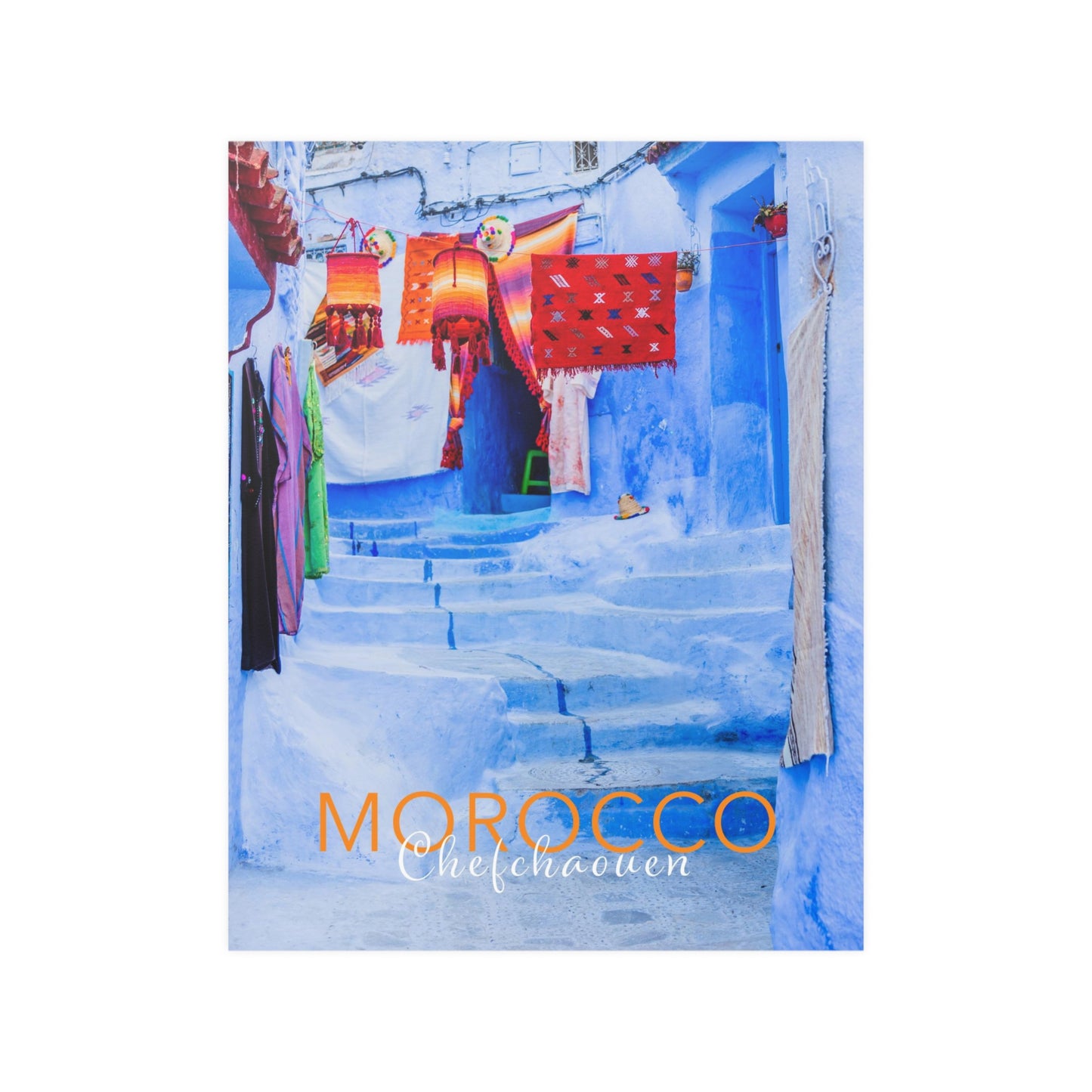 Morocco Chefchaouen Street, with country and city text. Travel Print, Art Print, Travel Poster, Home Décor