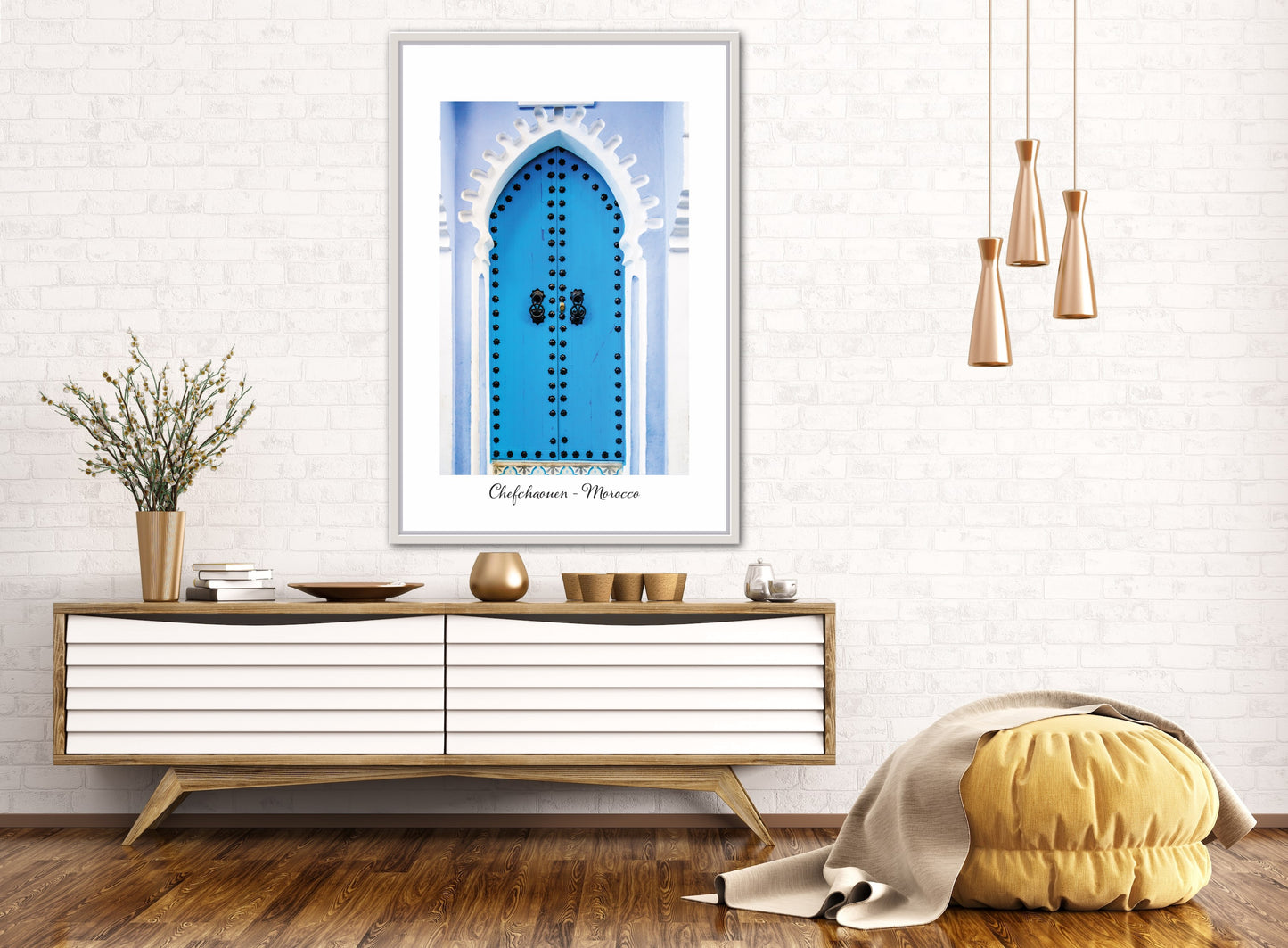 Morocco Chefchaouen Door 4 with city and country text, Travel Print, Art Print, Travel Poster, Home Décor