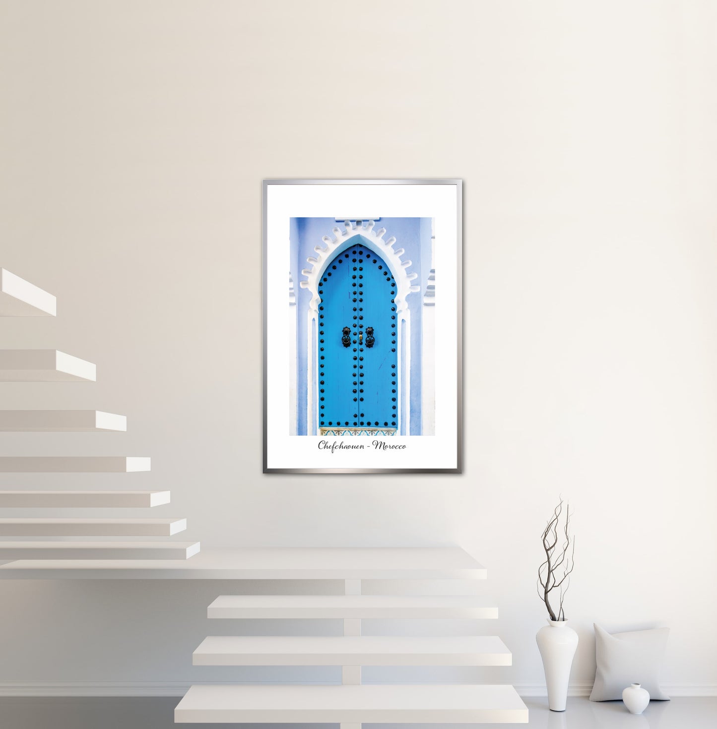 Morocco Chefchaouen Door 4 with city and country text, Travel Print, Art Print, Travel Poster, Home Décor