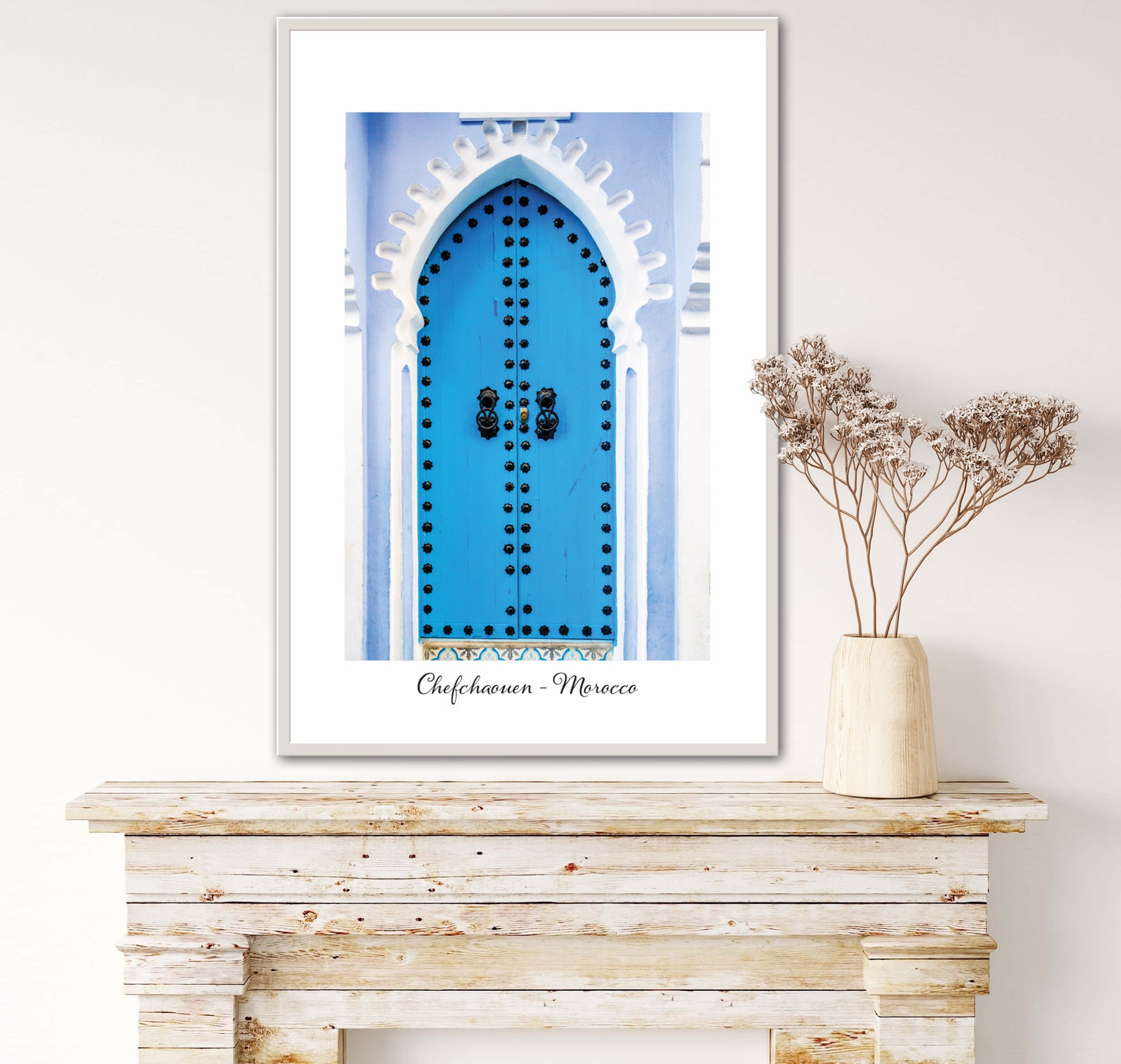 Morocco Chefchaouen Door 4 with city and country text, Travel Print, Art Print, Travel Poster, Home Décor