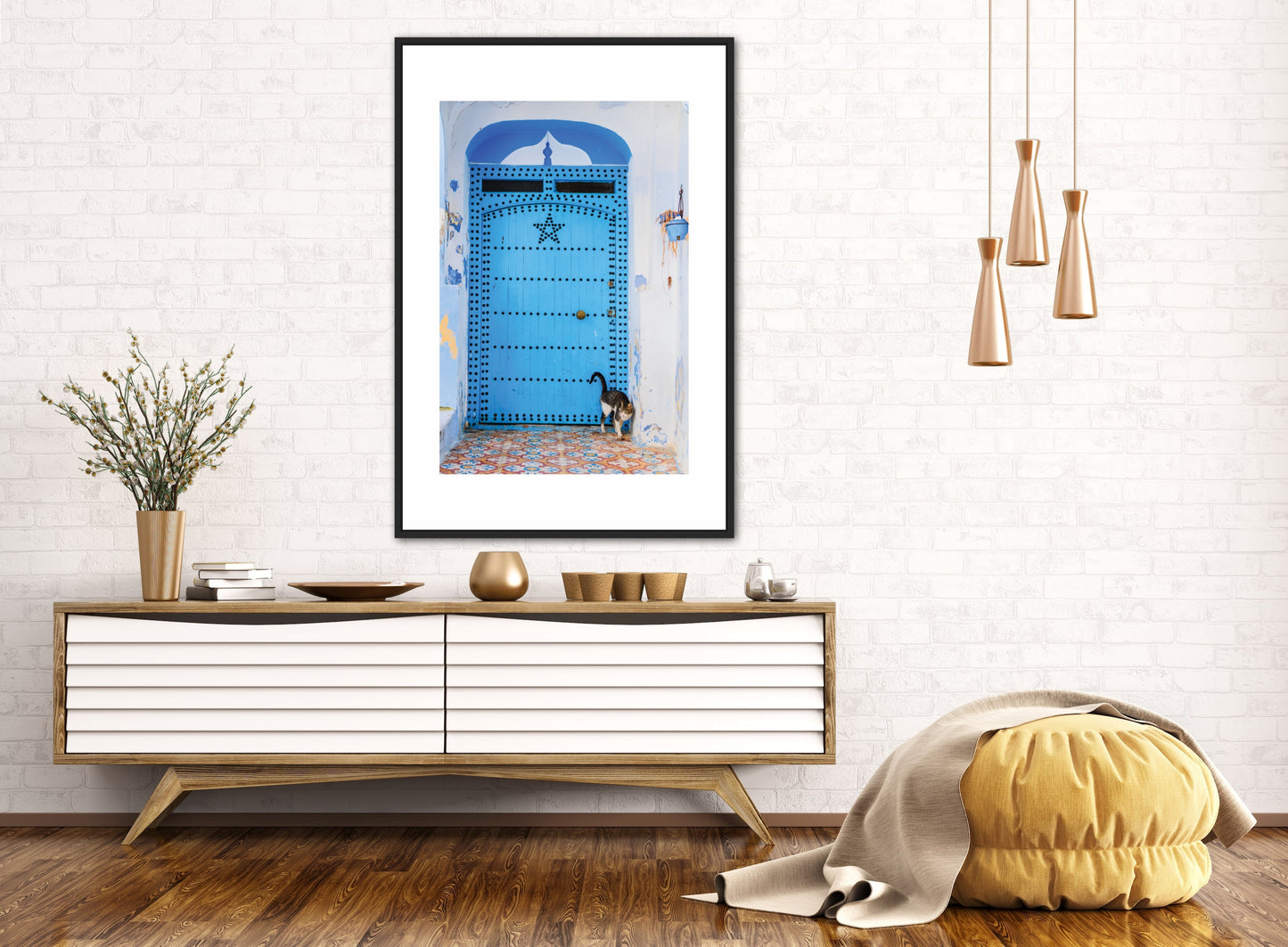 Morocco Chefchaouen Door 24 with cat, Travel Print, Art Print, Travel Poster, Home Décor