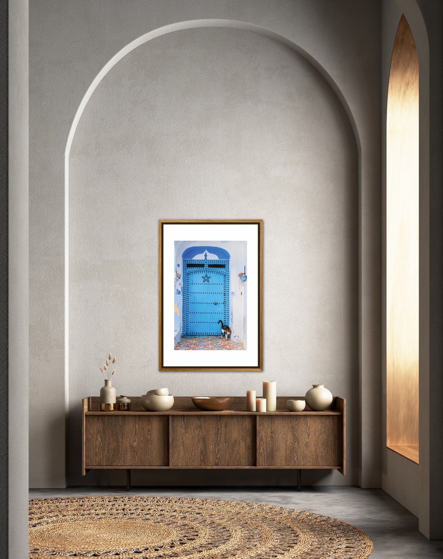 Morocco Chefchaouen Door 24 with cat, Travel Print, Art Print, Travel Poster, Home Décor