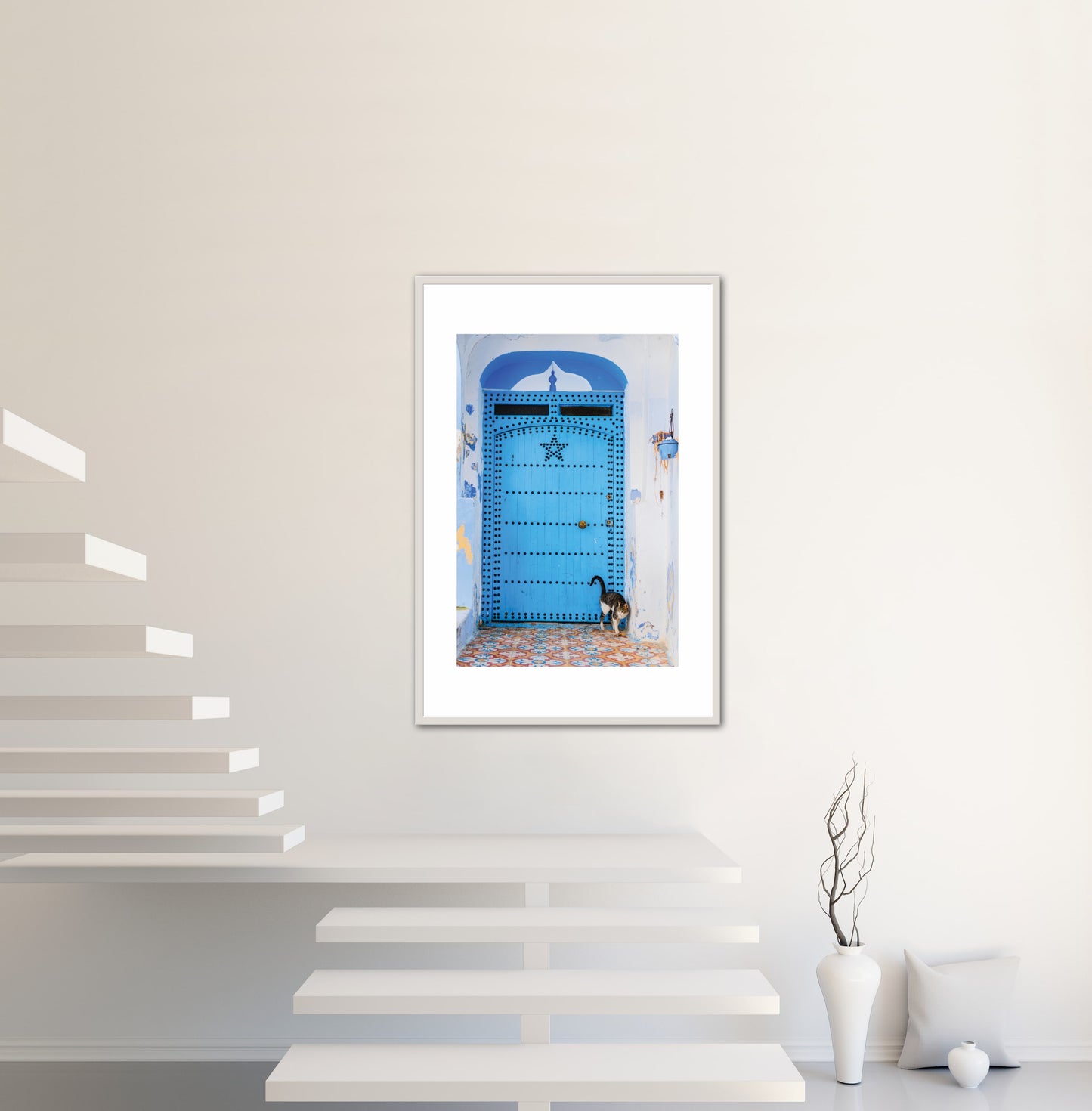 Morocco Chefchaouen Door 24 with cat, Travel Print, Art Print, Travel Poster, Home Décor