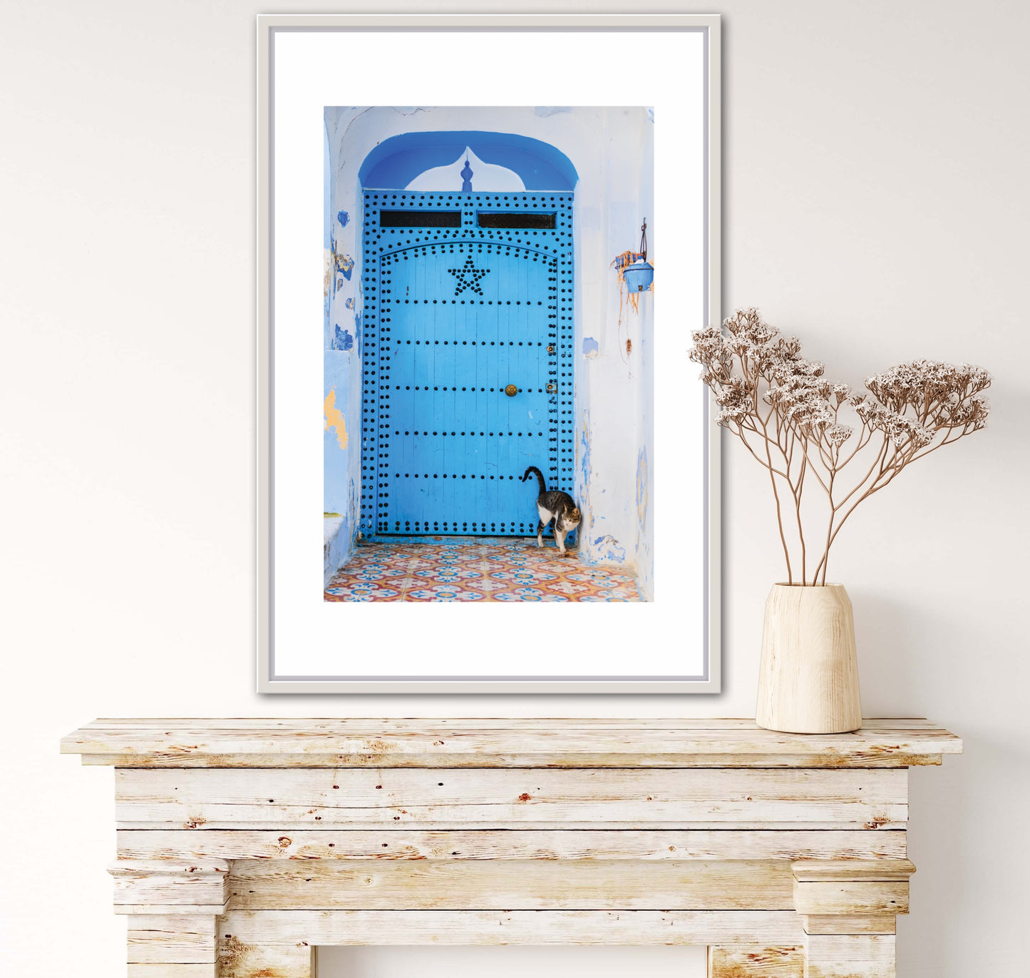 Morocco Chefchaouen Door 24 with cat, Travel Print, Art Print, Travel Poster, Home Décor