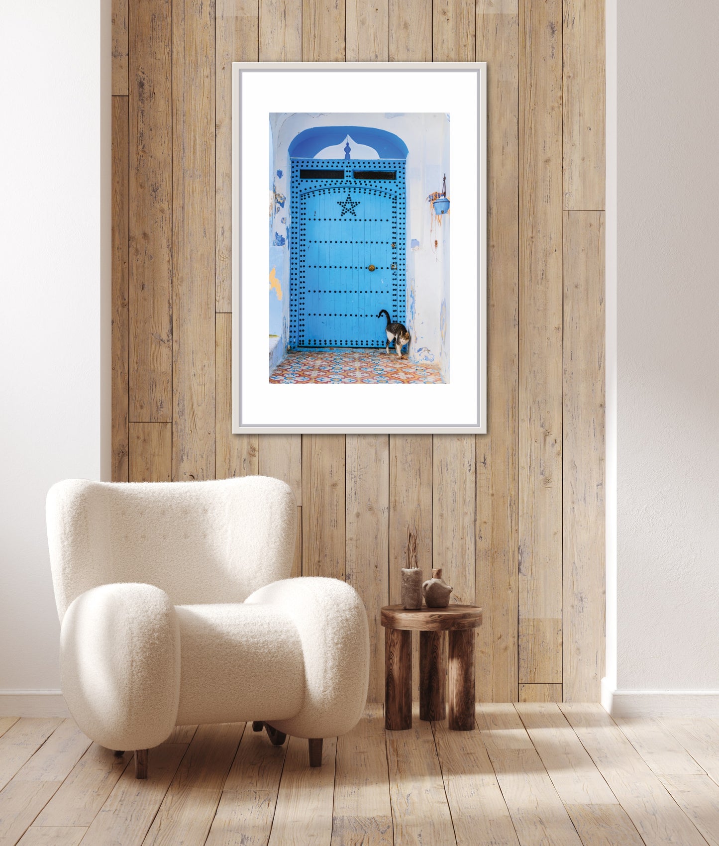 Morocco Chefchaouen Door 24 with cat, Travel Print, Art Print, Travel Poster, Home Décor