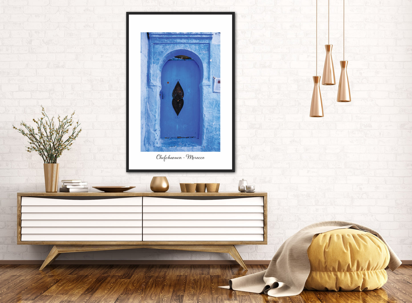 Morocco Chefchaouen Door 19 with city and country text, Travel Print, Art Print, Travel Poster, Home Décor