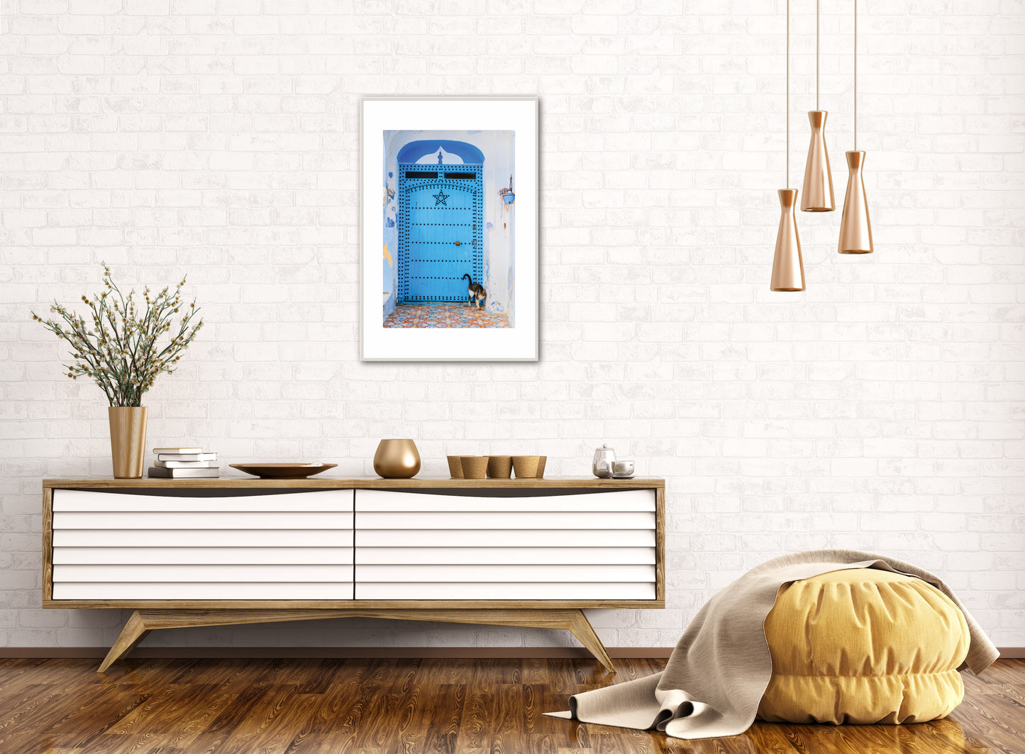 Morocco Chefchaouen Door 24 with cat, Travel Print, Art Print, Travel Poster, Home Décor