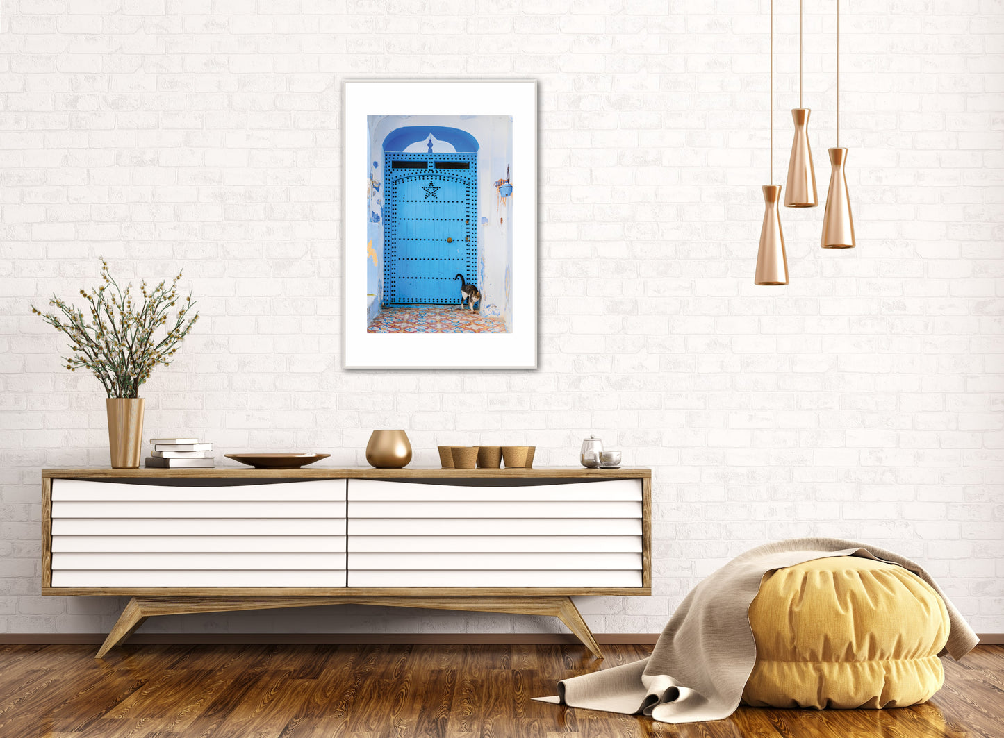 Morocco Chefchaouen Door 24 with cat, Travel Print, Art Print, Travel Poster, Home Décor