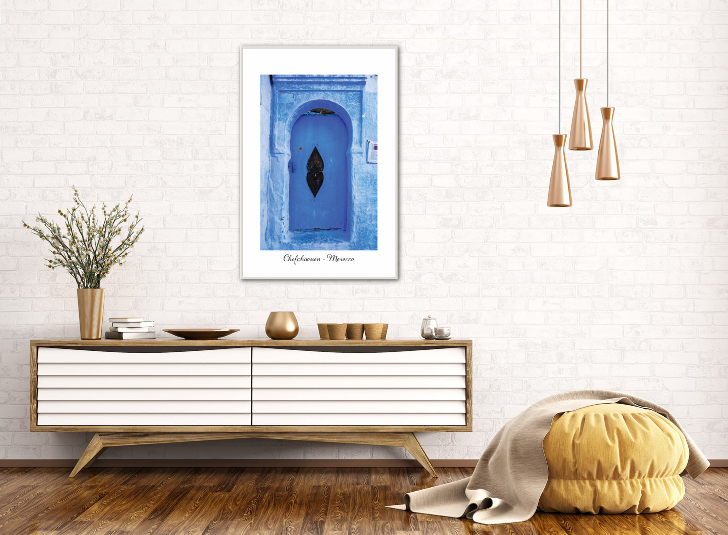 Morocco Chefchaouen Door 19 with city and country text, Travel Print, Art Print, Travel Poster, Home Décor