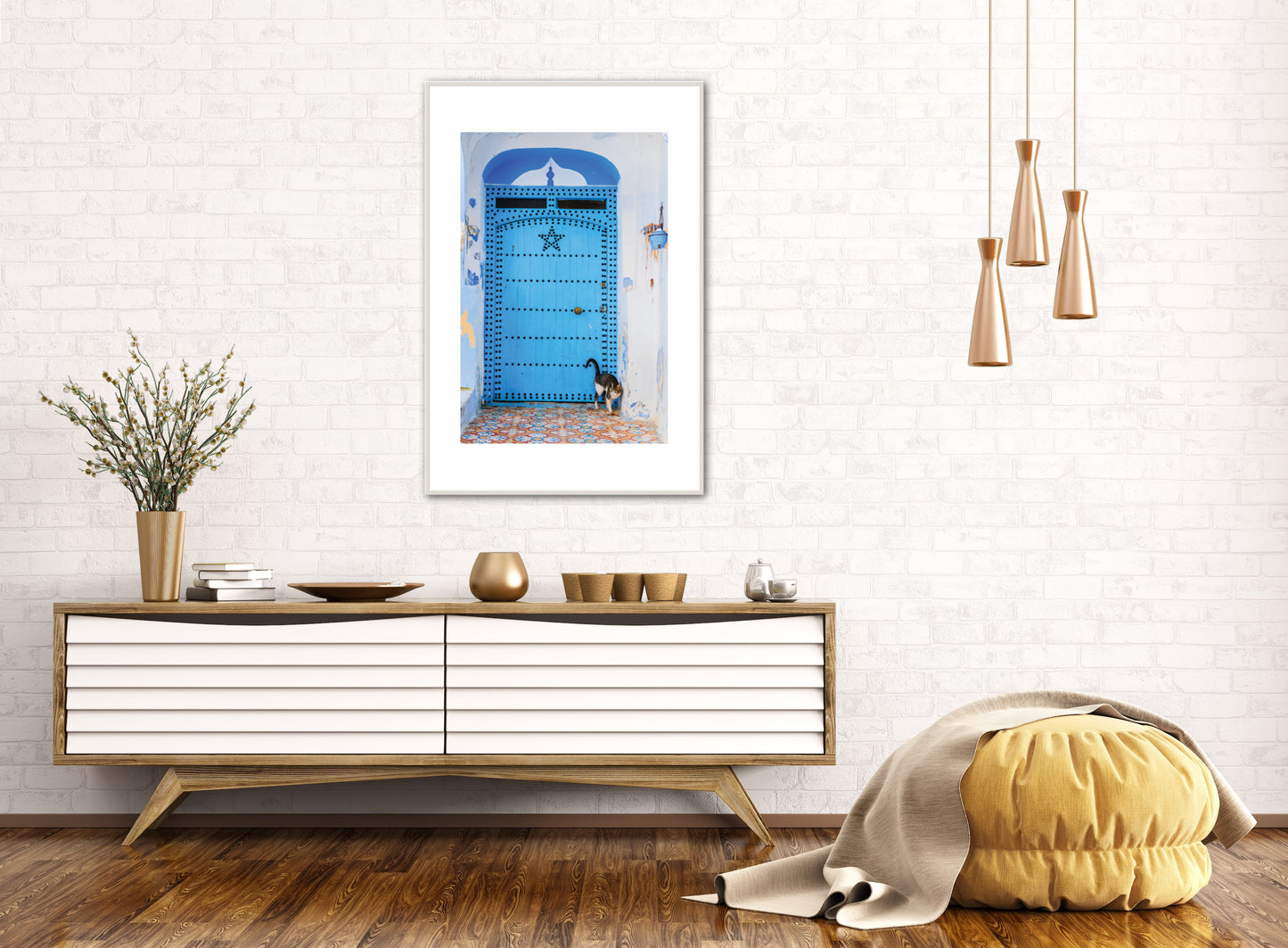 Morocco Chefchaouen Door 24 with cat, Travel Print, Art Print, Travel Poster, Home Décor