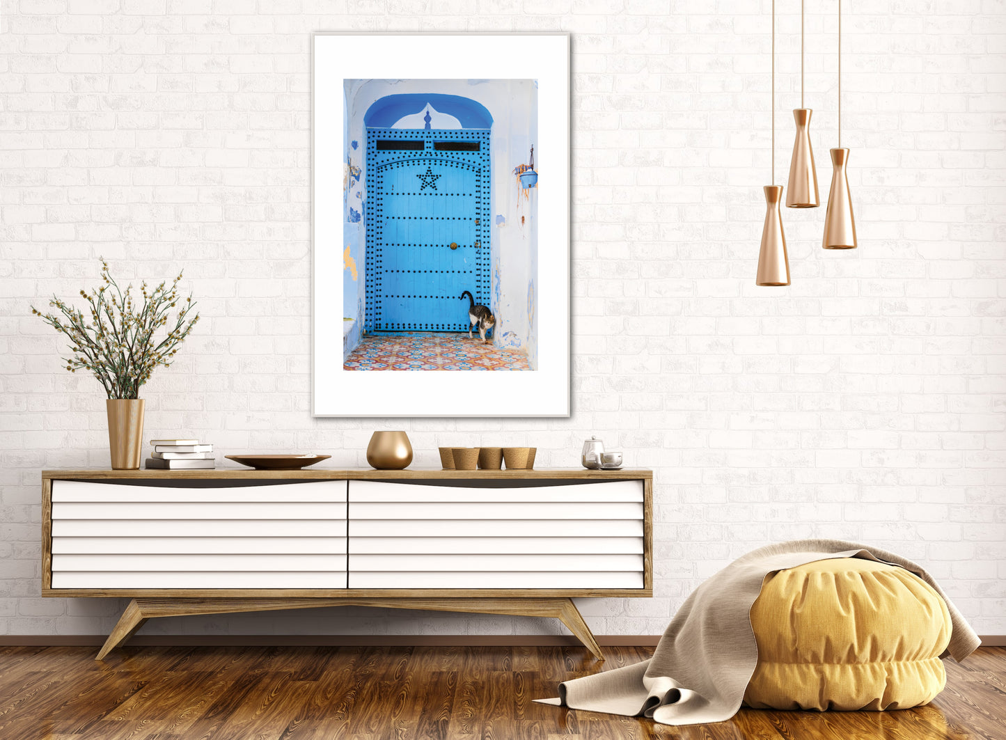 Morocco Chefchaouen Door 24 with cat, Travel Print, Art Print, Travel Poster, Home Décor